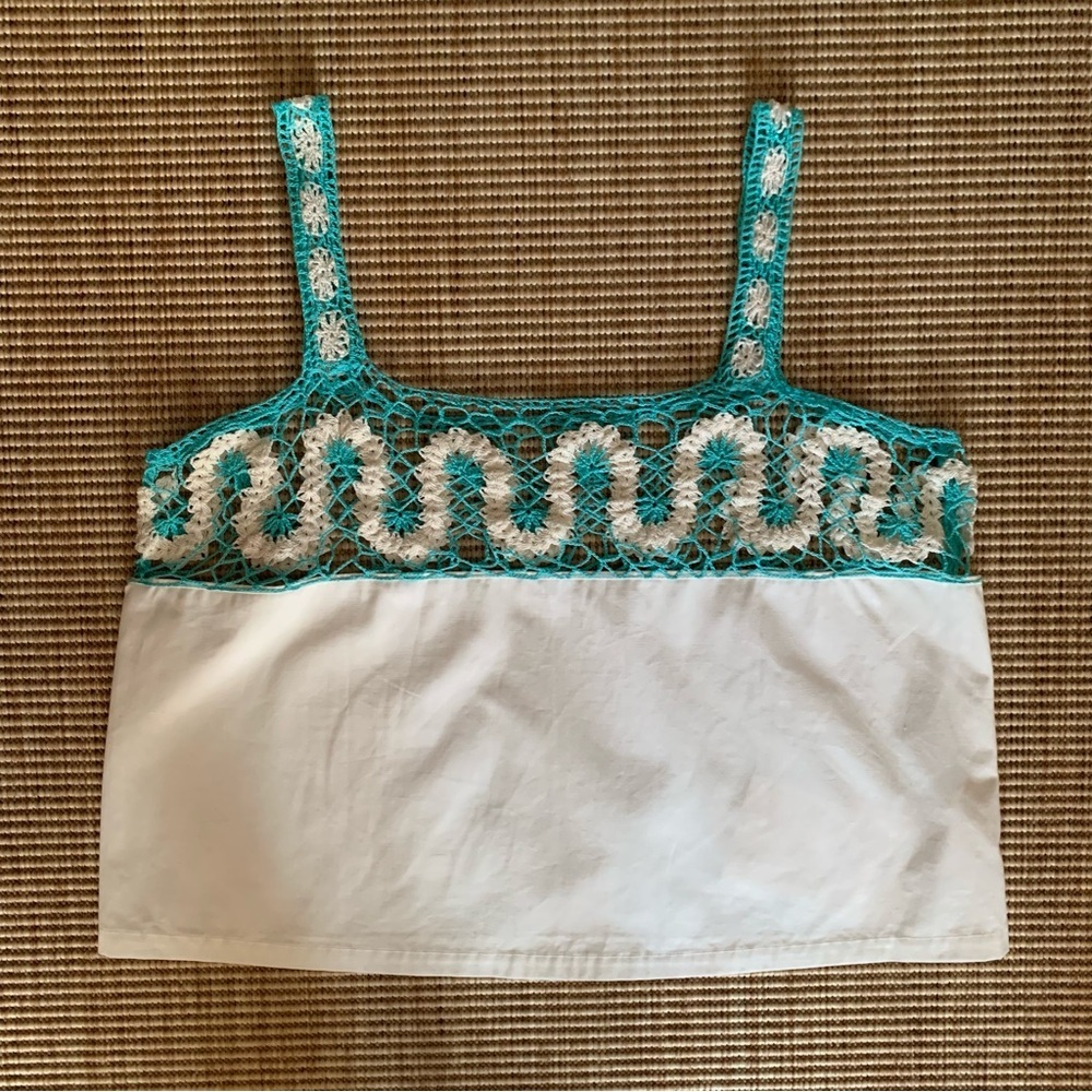 NWT Bode Ripple Lace Crochet Cotton Poplin Tank Top Cream White Blue Mermaid